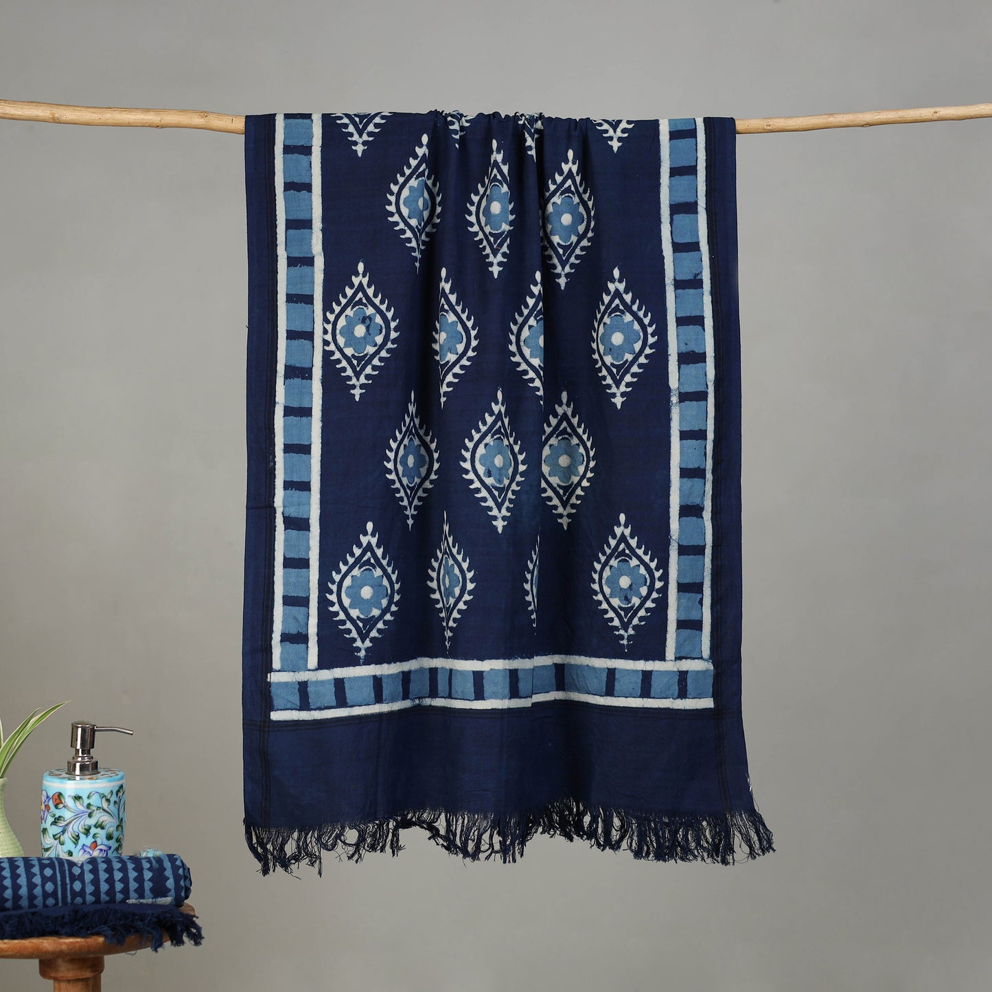 Blue - Pipad Hand Block Print Natural Dyed Pure Handloom Cotton Towel 01