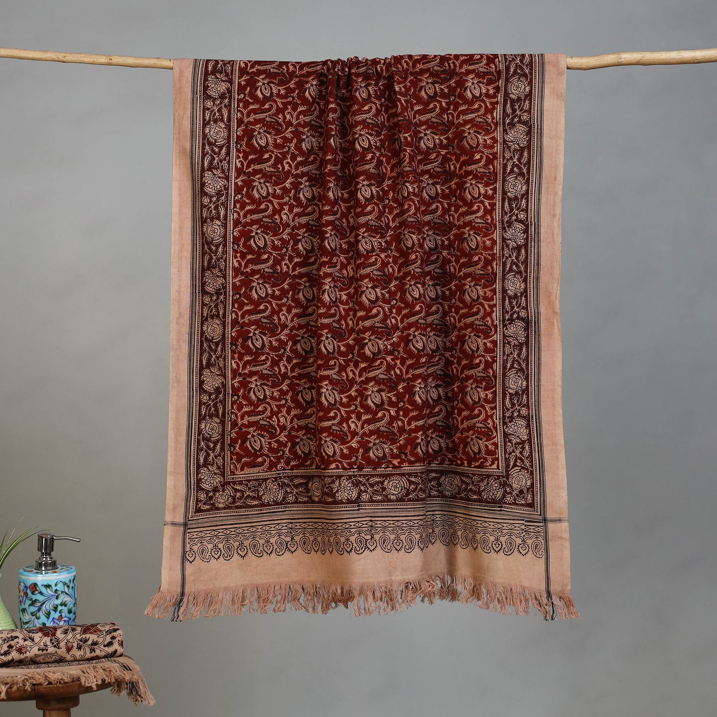 Maroon - Handloom Cotton Natural Dyed Block Print Pedana Kalamkari Towel 20