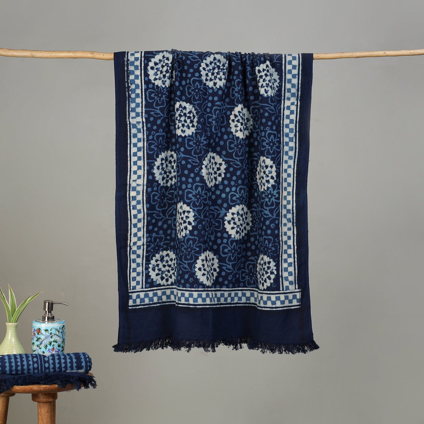 Blue - Pipad Hand Block Print Natural Dyed Pure Handloom Cotton Towel 05