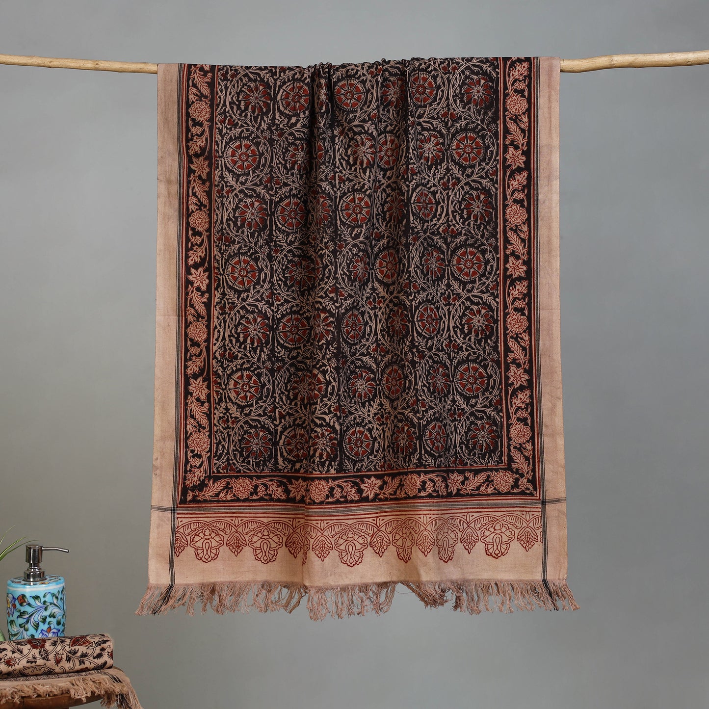 Gray - Handloom Cotton Natural Dyed Block Print Pedana Kalamkari Towel 30
