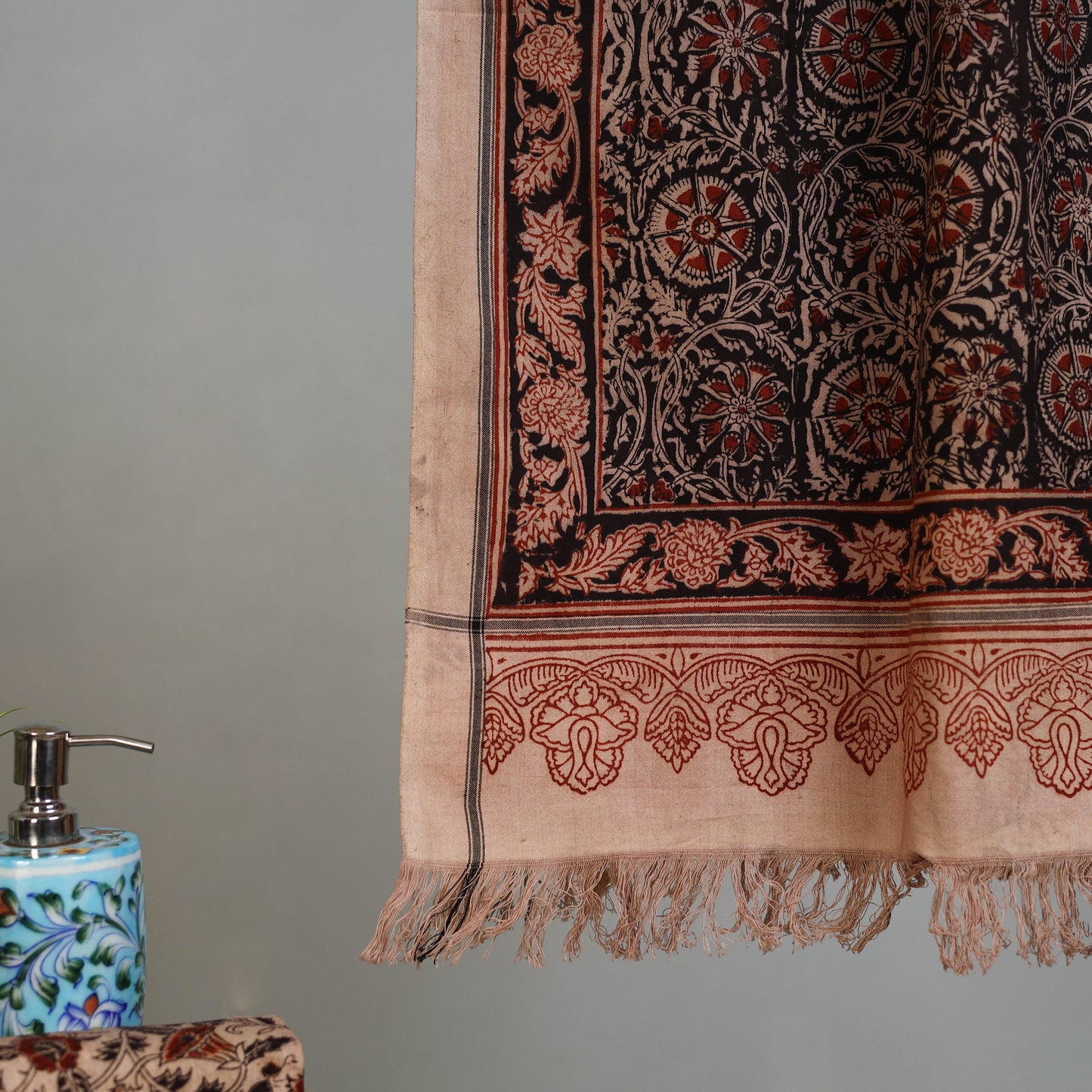 Gray - Handloom Cotton Natural Dyed Block Print Pedana Kalamkari Towel 30