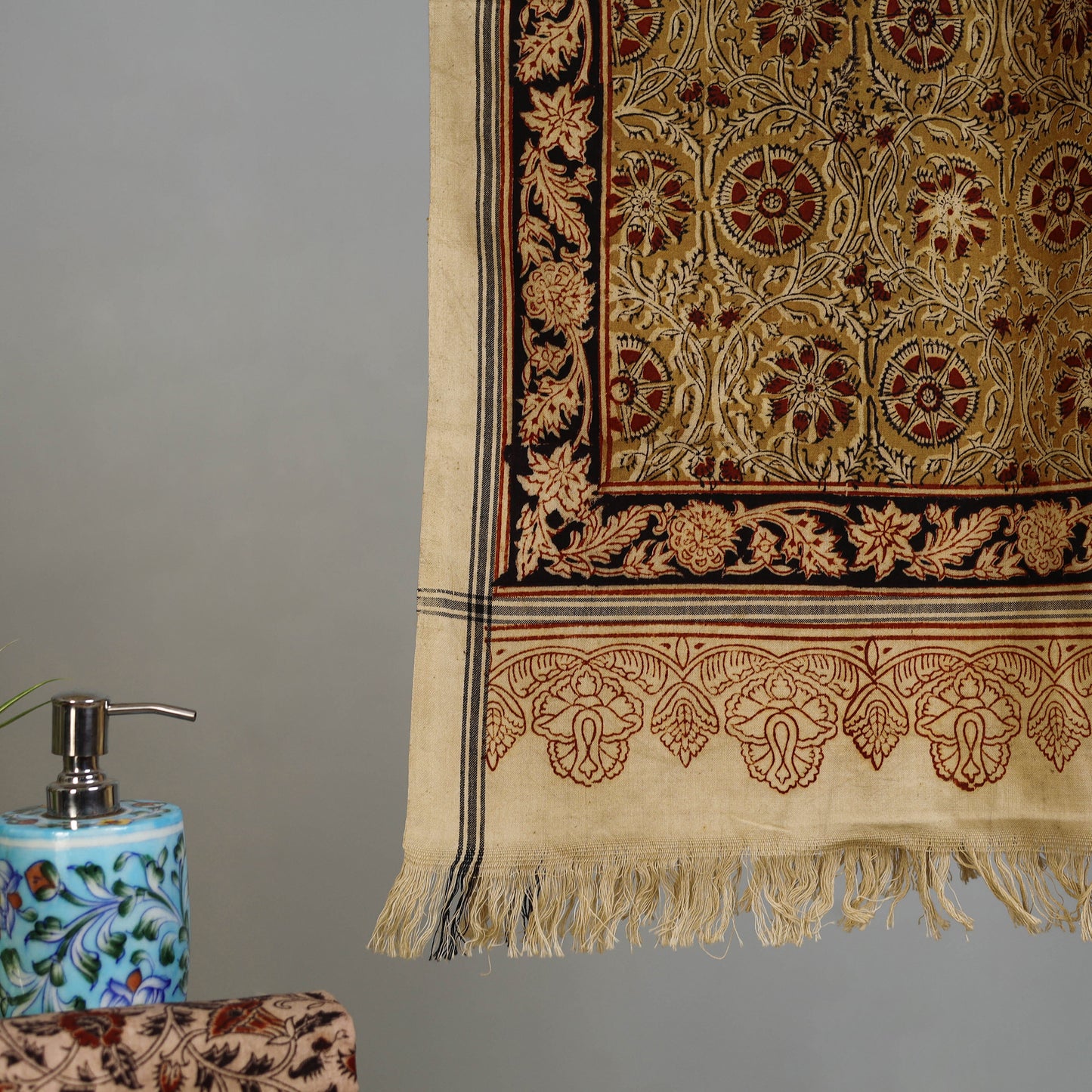 Yellow - Handloom Cotton Natural Dyed Block Print Pedana Kalamkari Towel 32