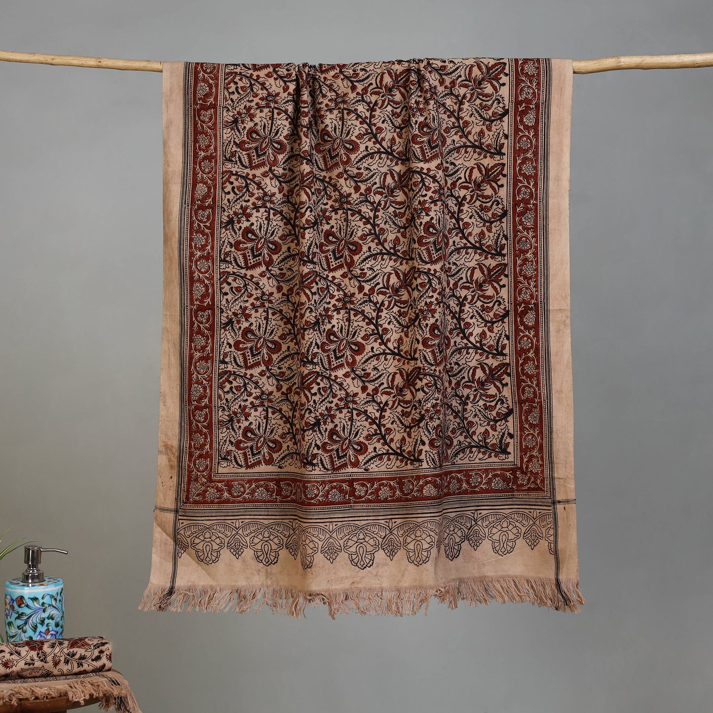 Brown - Handloom Cotton Natural Dyed Block Print Pedana Kalamkari Towel 33