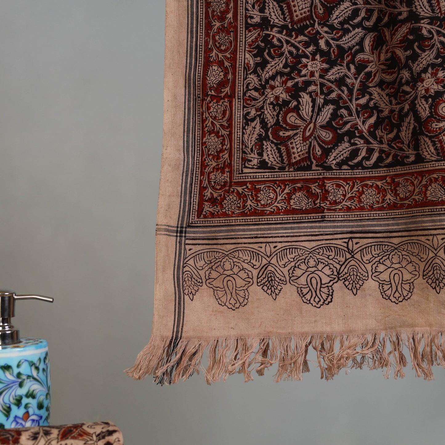 Brown - Handloom Cotton Natural Dyed Block Print Pedana Kalamkari Towel 34