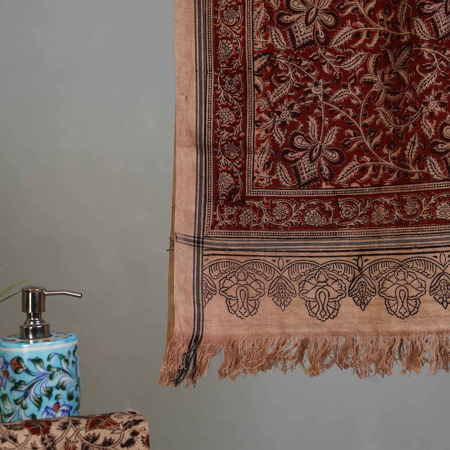 Maroon - Handloom Cotton Natural Dyed Block Print Pedana Kalamkari Towel 36