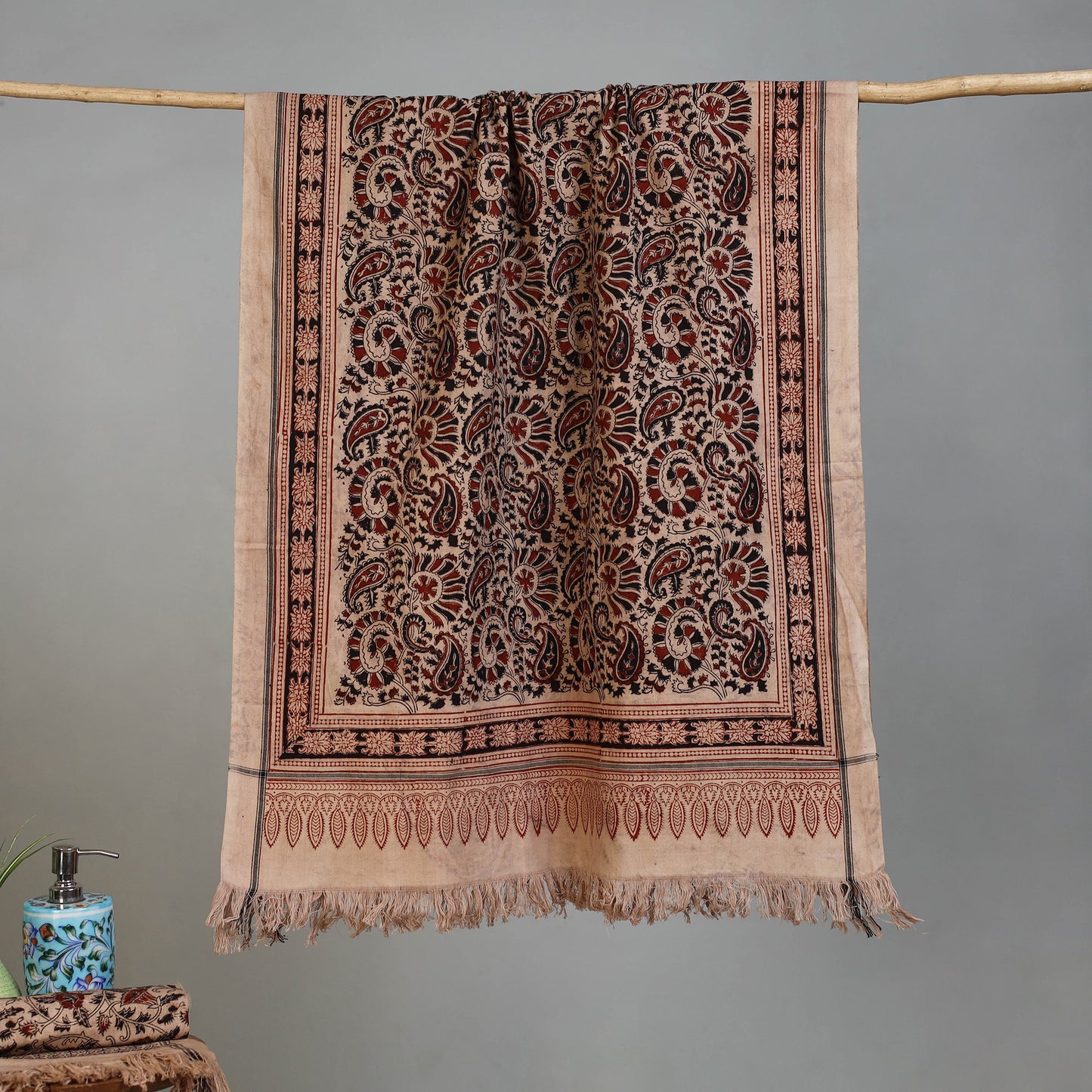 Beige - Handloom Cotton Natural Dyed Block Print Pedana Kalamkari Towel 38