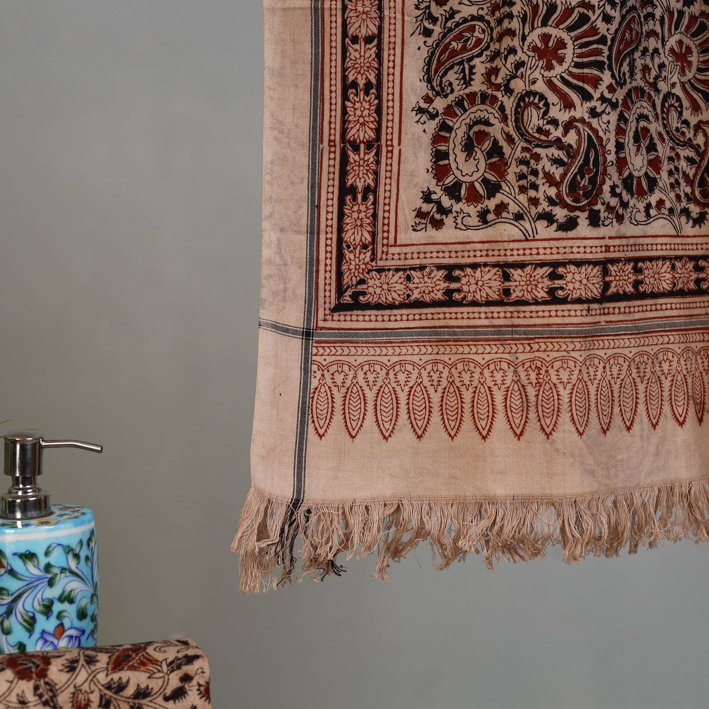 Beige - Handloom Cotton Natural Dyed Block Print Pedana Kalamkari Towel 38