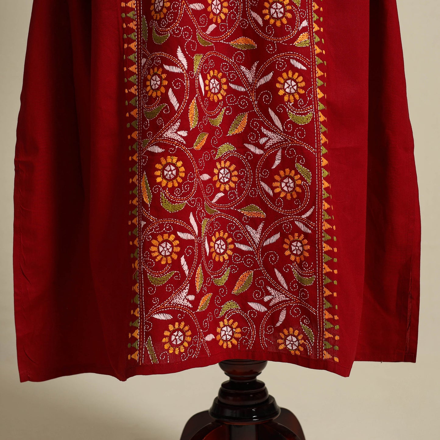 Maroon Bengal Kantha Hand Embroidery Cotton Kaftan (Long)
