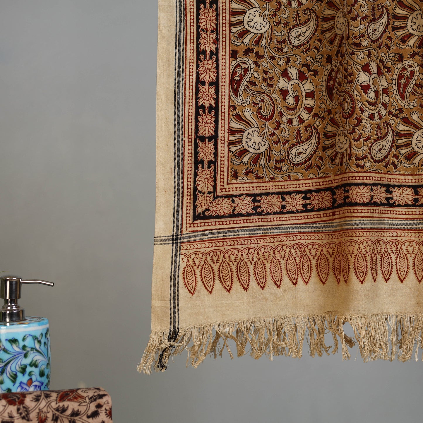 Yellow - Handloom Cotton Natural Dyed Block Print Pedana Kalamkari Towel 41