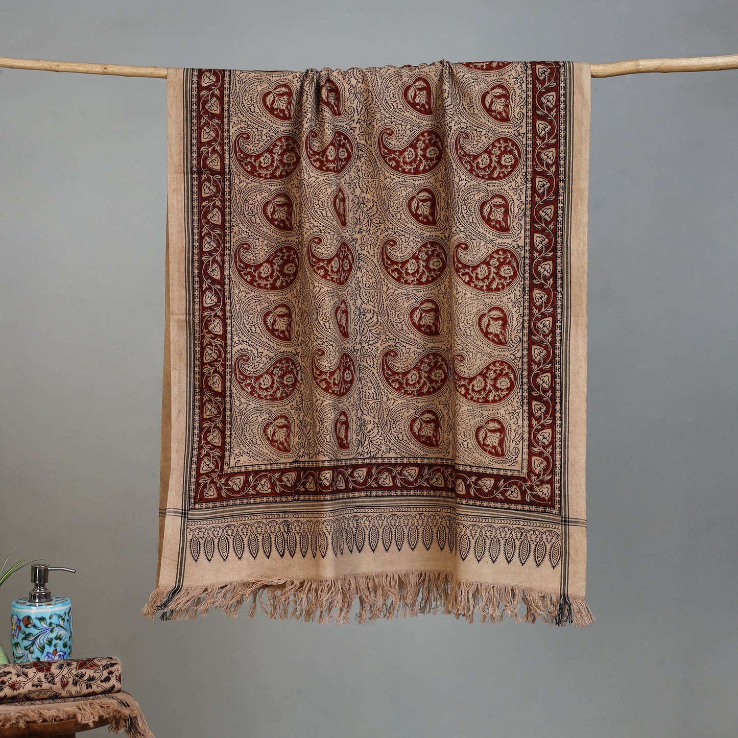 Beige - Handloom Cotton Natural Dyed Block Print Pedana Kalamkari Towel 48