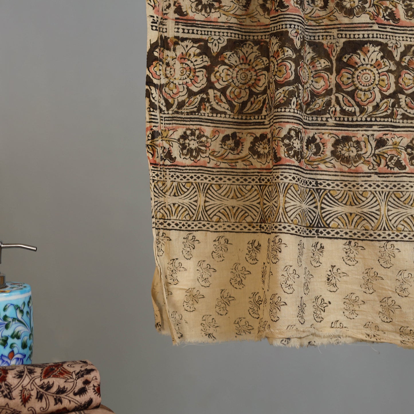 Yellow - Handloom Cotton Natural Dyed Block Print Pedana Kalamkari Towel 49