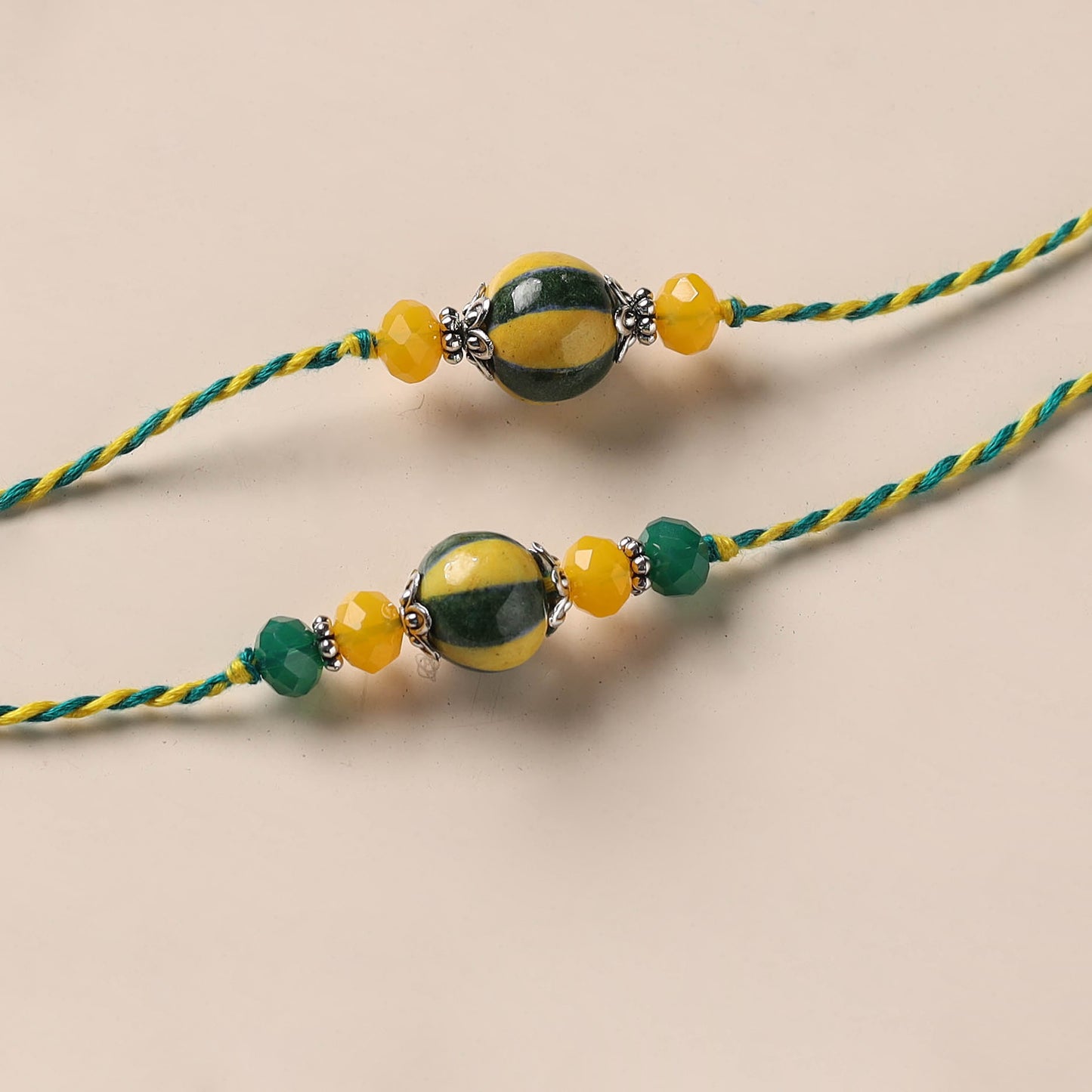Handmade Blue Pottery & GS Bead Work Bhaiya Bhabhi Rakhi Set 20