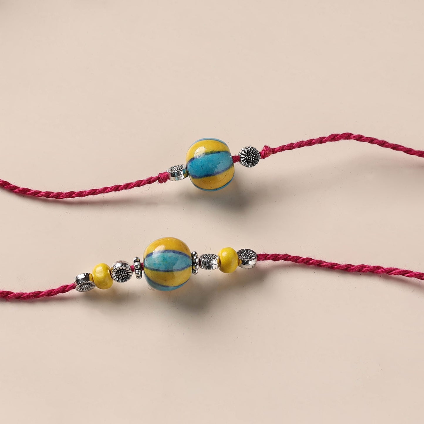 Handmade Blue Pottery & GS Bead Work Bhaiya Bhabhi Rakhi Set 21