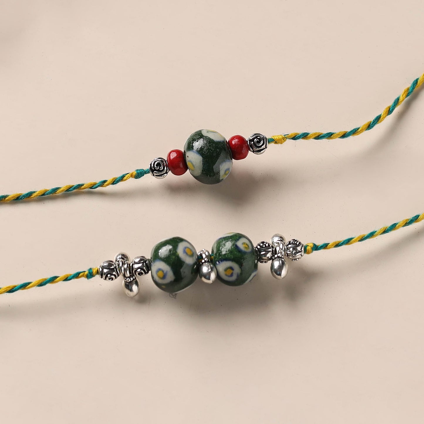 Handmade Blue Pottery & GS Bead Work Bhaiya Bhabhi Rakhi Set 22