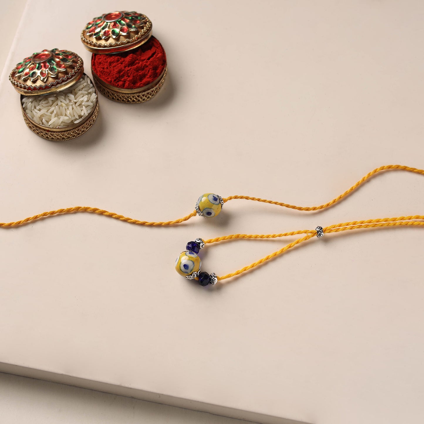 Handmade Blue Pottery & GS Bead Work Bhaiya Bhabhi Rakhi Set 23