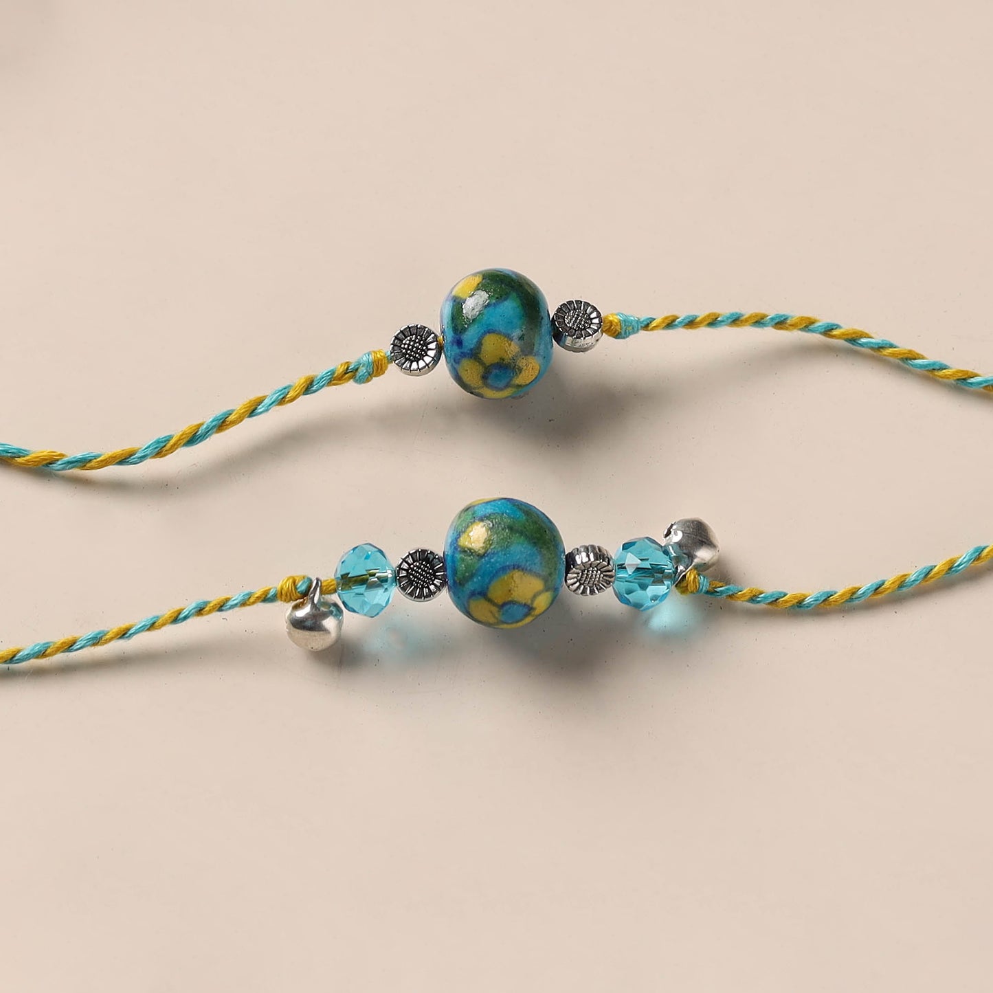Handmade Blue Pottery & GS Bead Work Bhaiya Bhabhi Rakhi Set 25