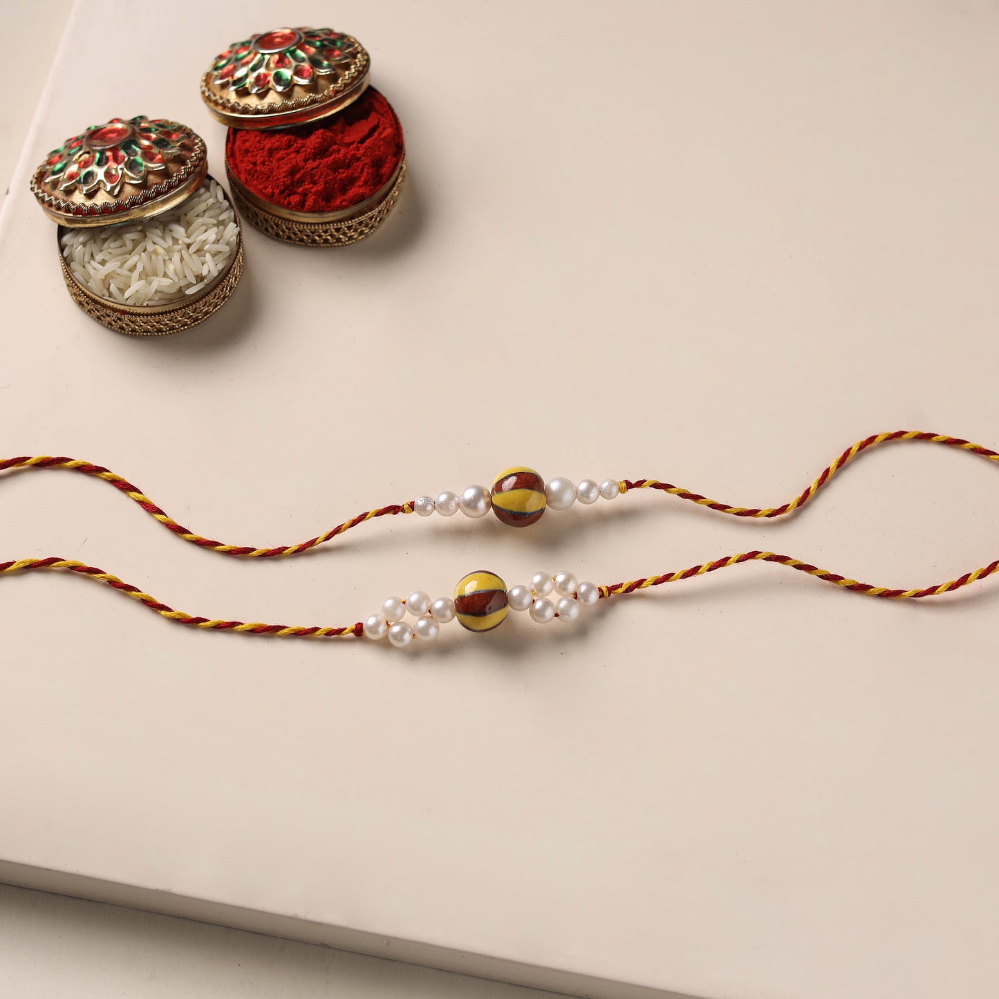 Handmade Blue Pottery & GS Bead Work Bhaiya Bhabhi Rakhi Set 28