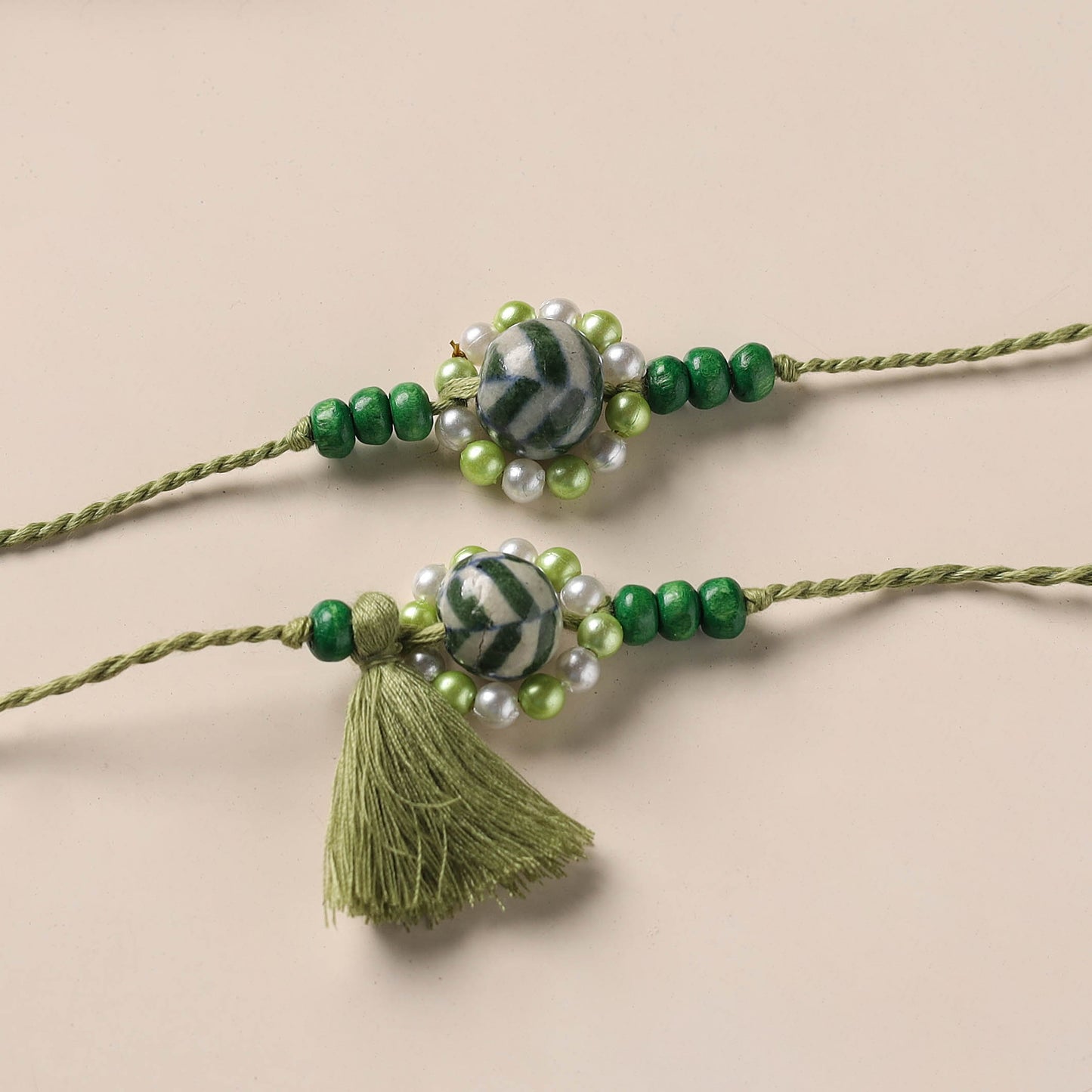 Handmade Blue Pottery & GS Bead Work Rakhi Lumba Set 35