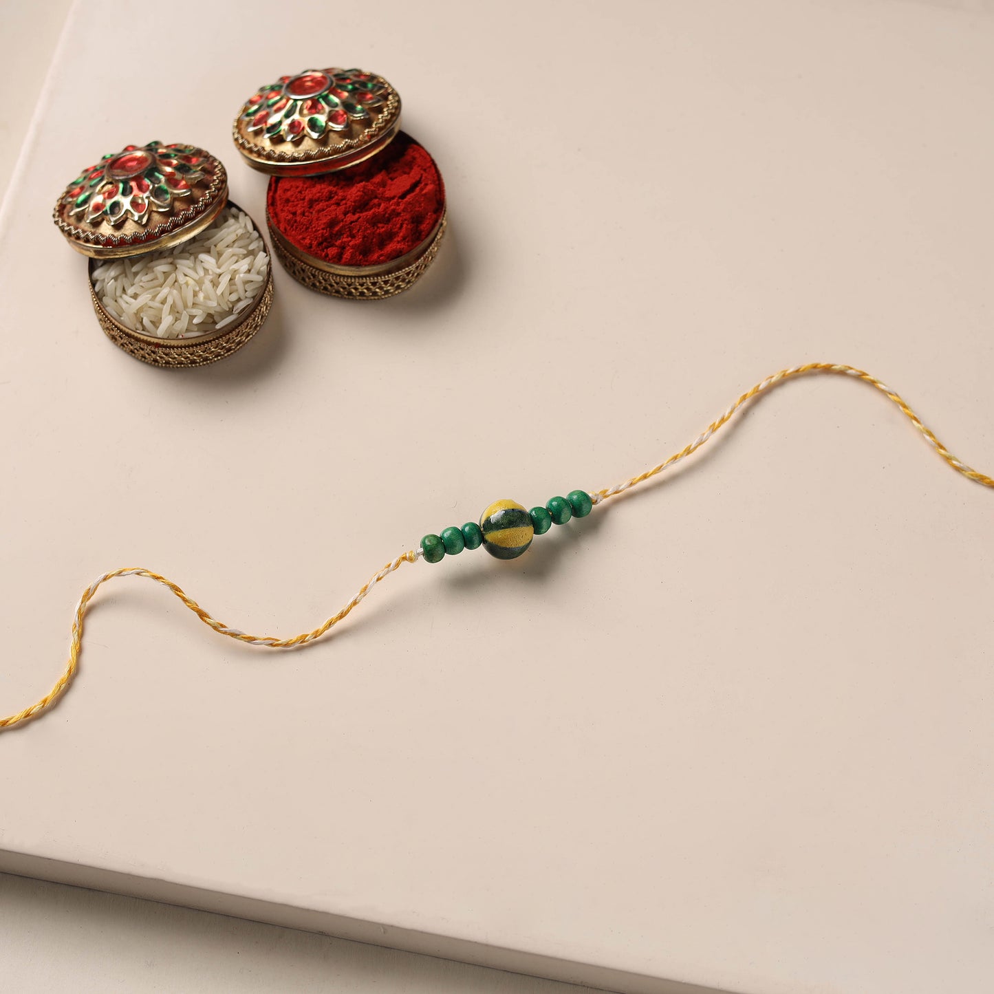 Handmade Blue Pottery & GS Bead Work Rakhi 09