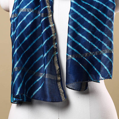 Blue - Leheriya Tie-Dye Mothra Chanderi Silk Handloom Stole with Zari Border 18