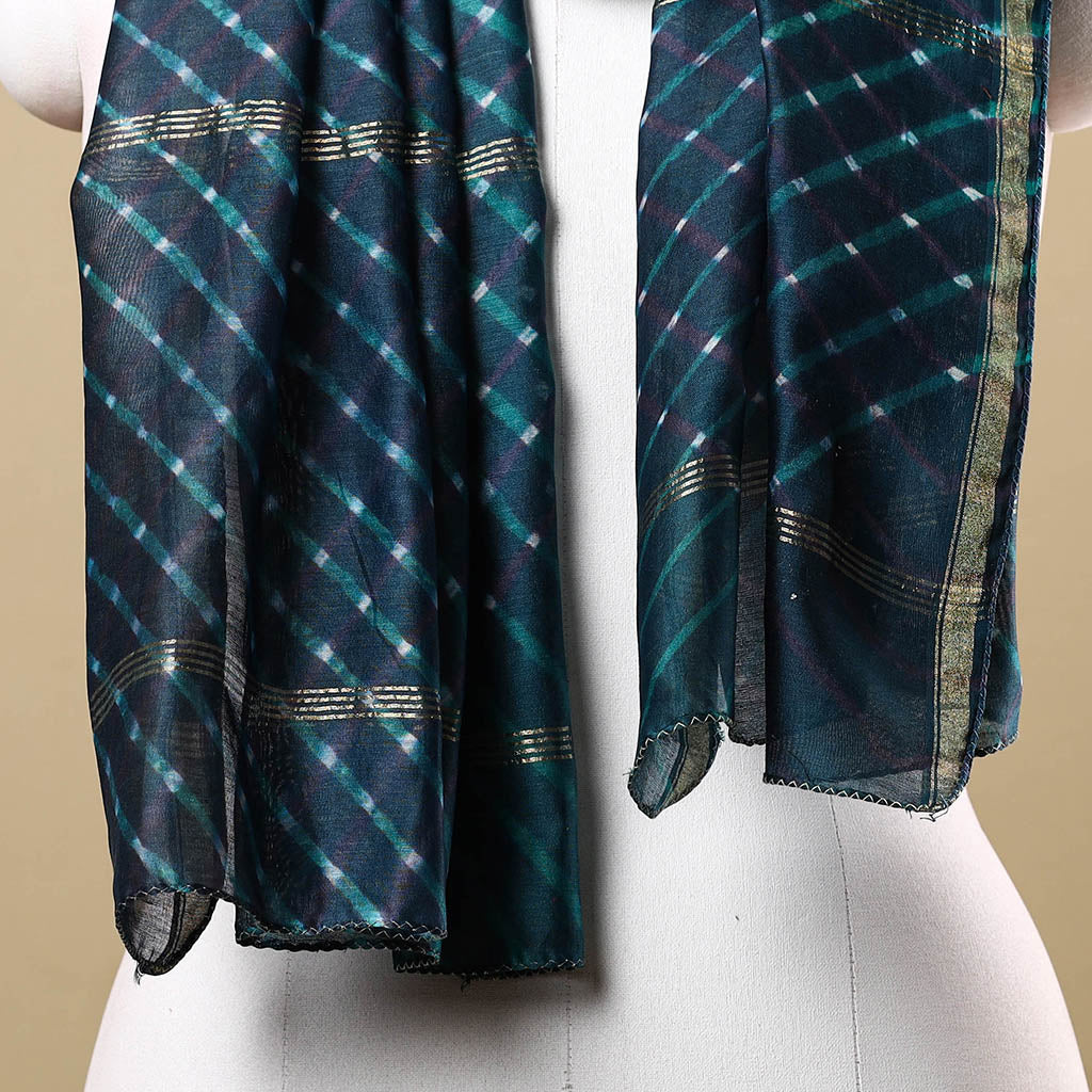 Blue - Leheriya Tie-Dye Mothra Chanderi Silk Handloom Stole with Zari Border 21