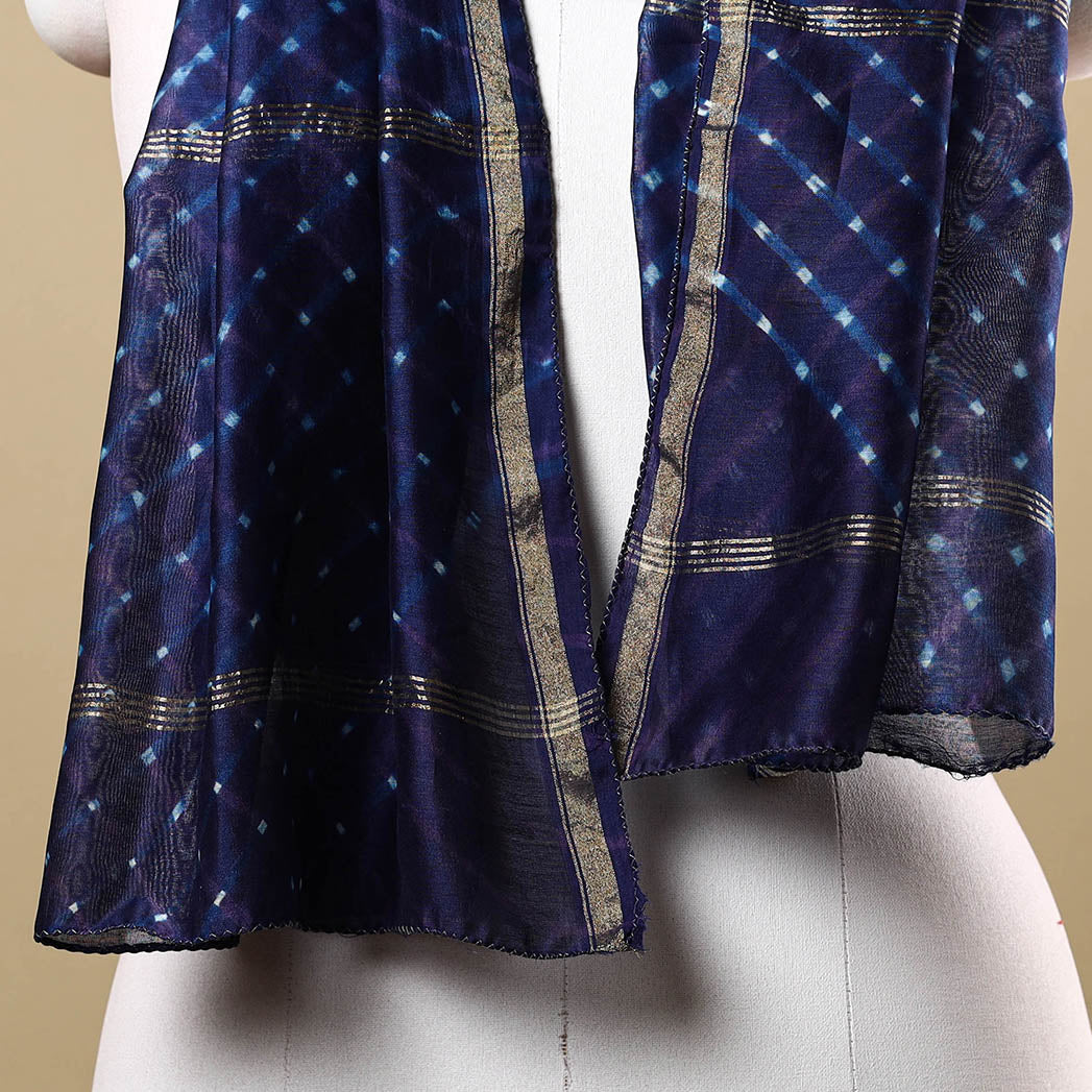 Blue - Leheriya Tie-Dye Mothra Chanderi Silk Handloom Stole with Zari Border 25
