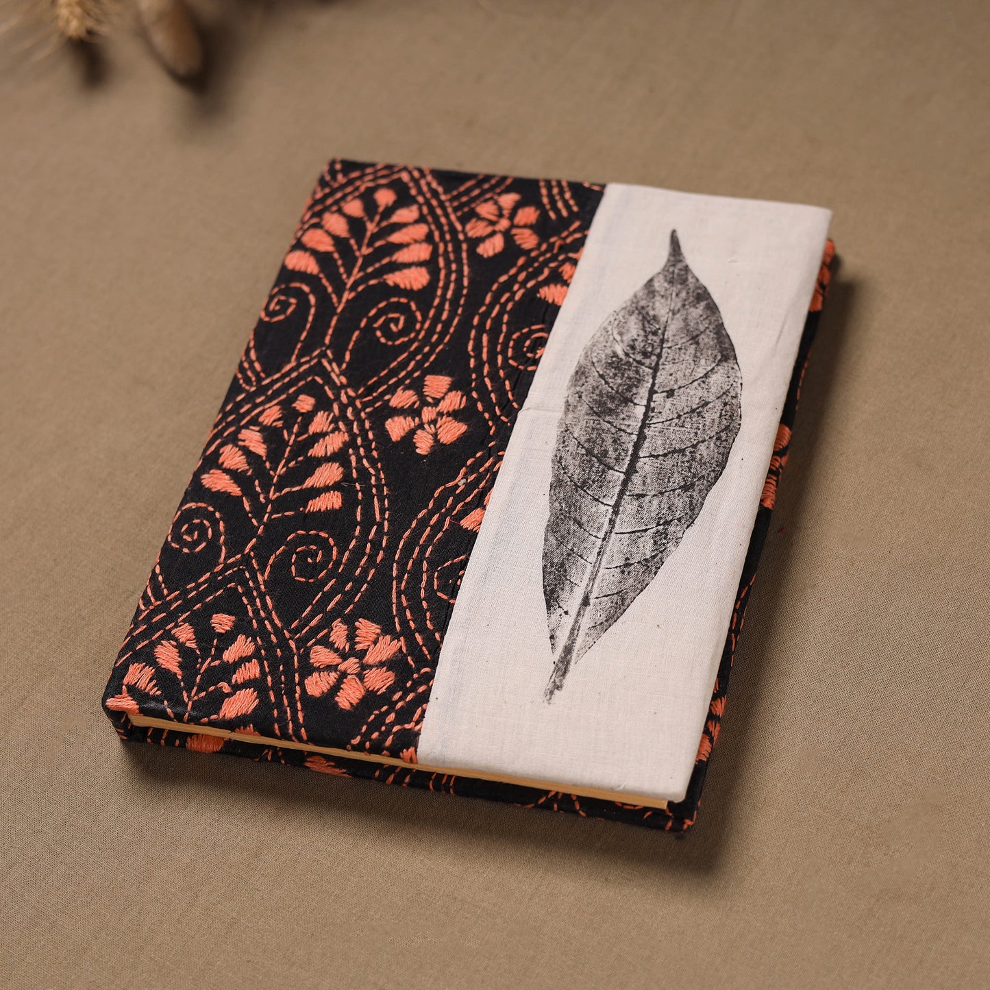 Multi colour - Handmade Paper Notebook with Eco Leaf Print Kantha Work 03