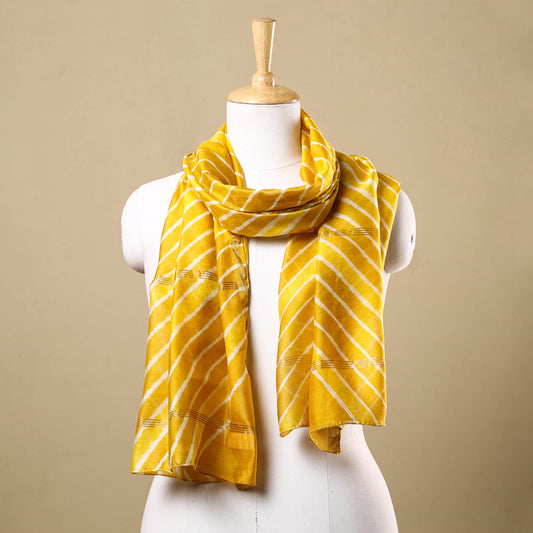 Yellow - Leheriya Tie-Dye Chanderi Silk Handloom Stole with Zari Border 48