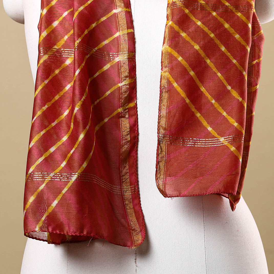 Red - Leheriya Tie-Dye Chanderi Silk Handloom Stole with Zari Border 54