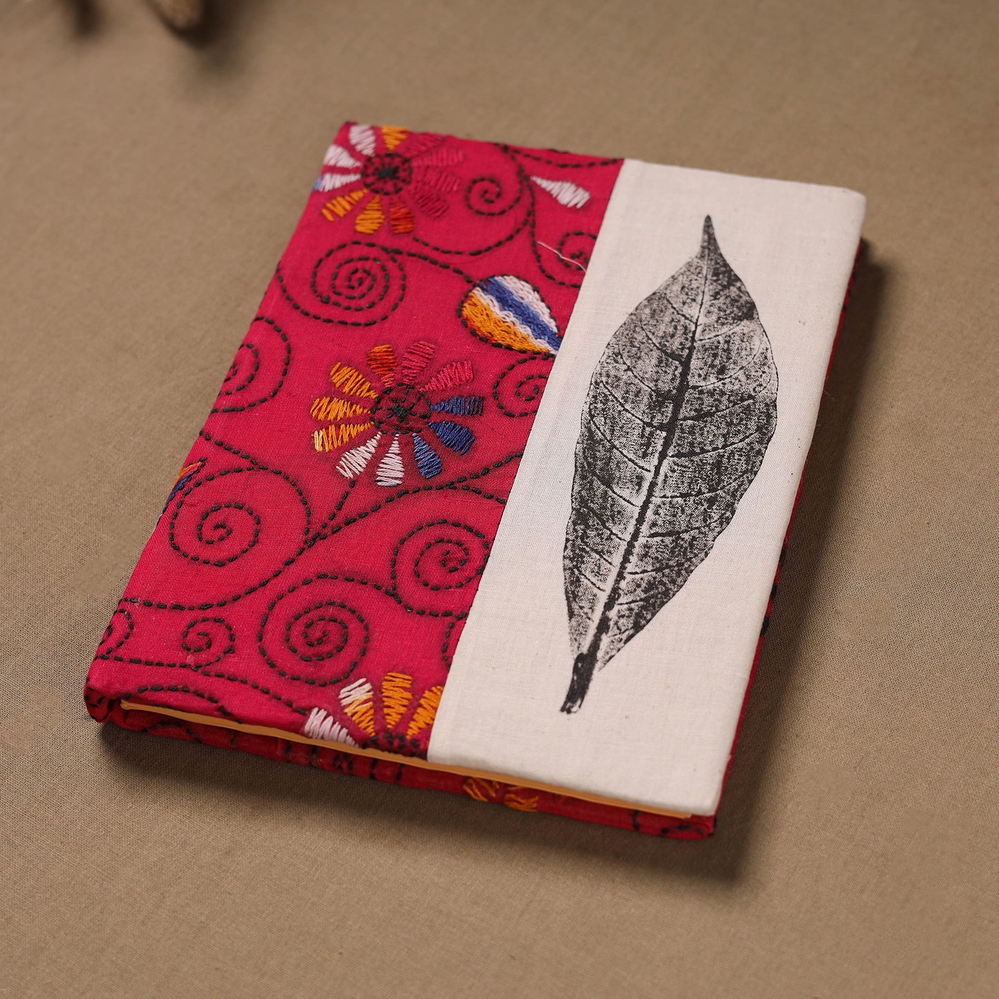 Pink - Handmade Paper Notebook with Eco Leaf Print Kantha Work 09