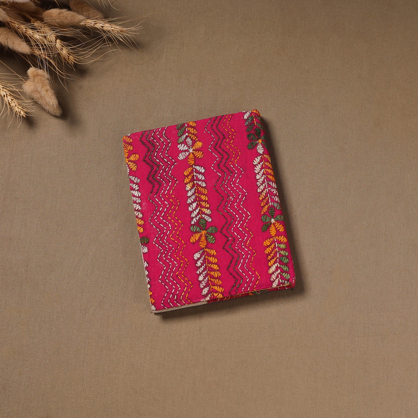 Pink - Handmade Paper Notebook with Eco Leaf Print Kantha Work 10