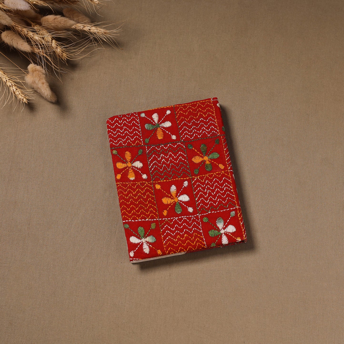 Multi colour - Handmade Paper Notebook with Eco Leaf Print Kantha Work 11