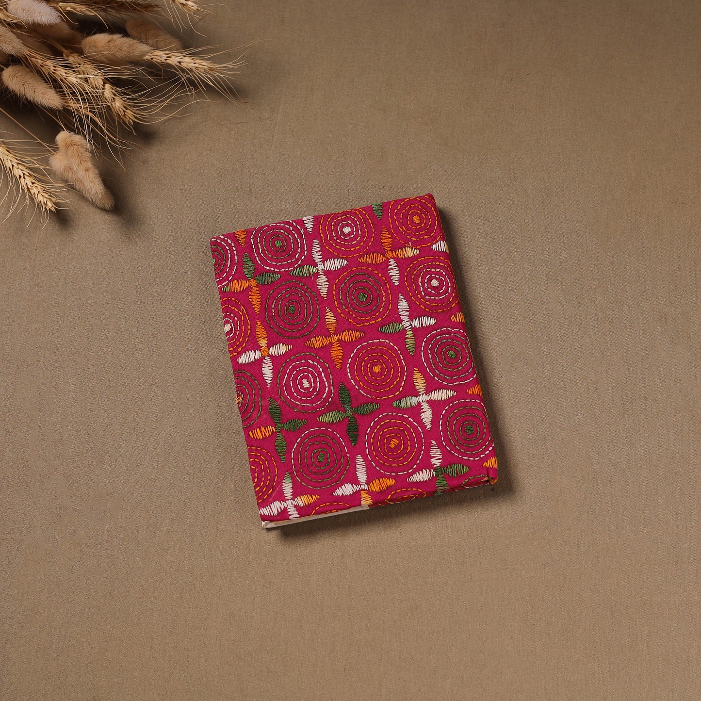 Pink - Handmade Paper Notebook with Eco Leaf Print Kantha Work 12