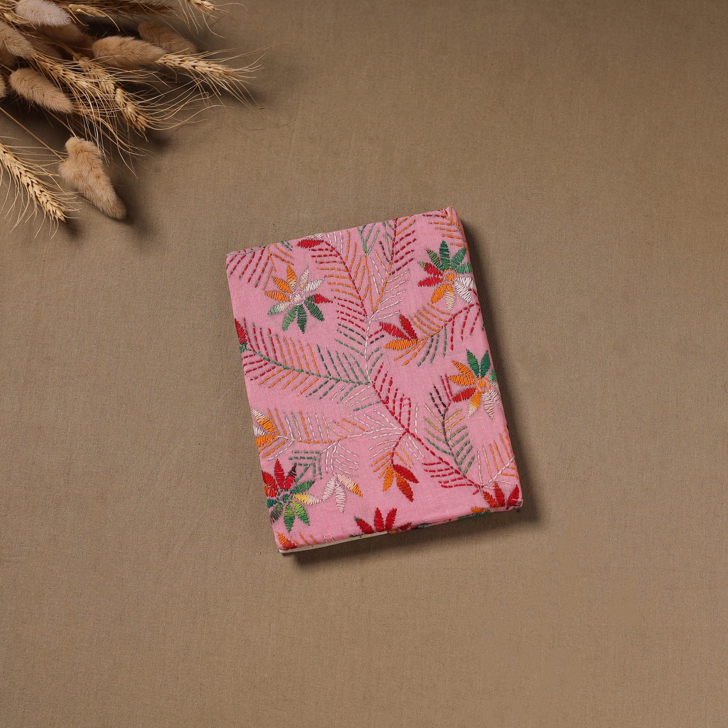 Pink - Handmade Paper Notebook with Eco Leaf Print Kantha Work 13