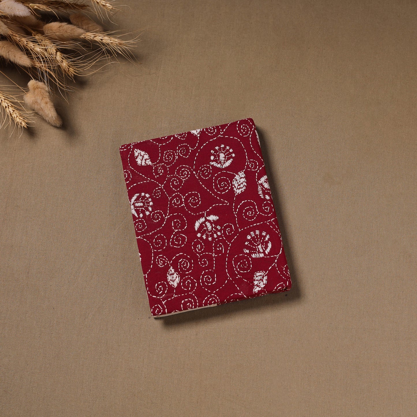 Maroon - Handmade Paper Notebook with Eco Leaf Print Kantha Work 14
