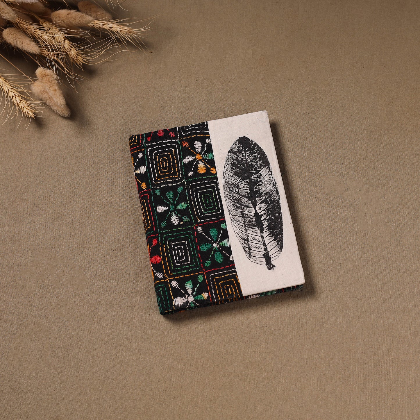 Multi colour - Handmade Paper Notebook with Eco Leaf Print Kantha Work 15