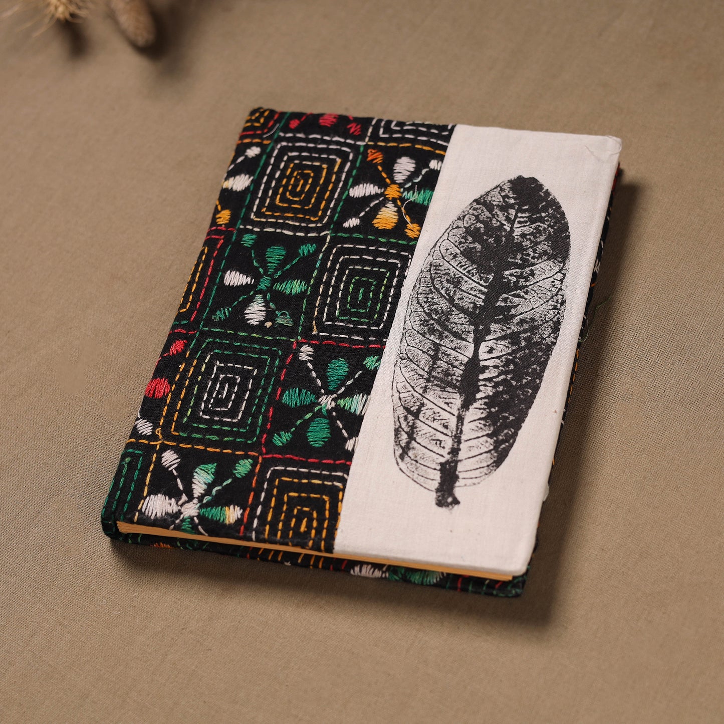 Multi colour - Handmade Paper Notebook with Eco Leaf Print Kantha Work 15