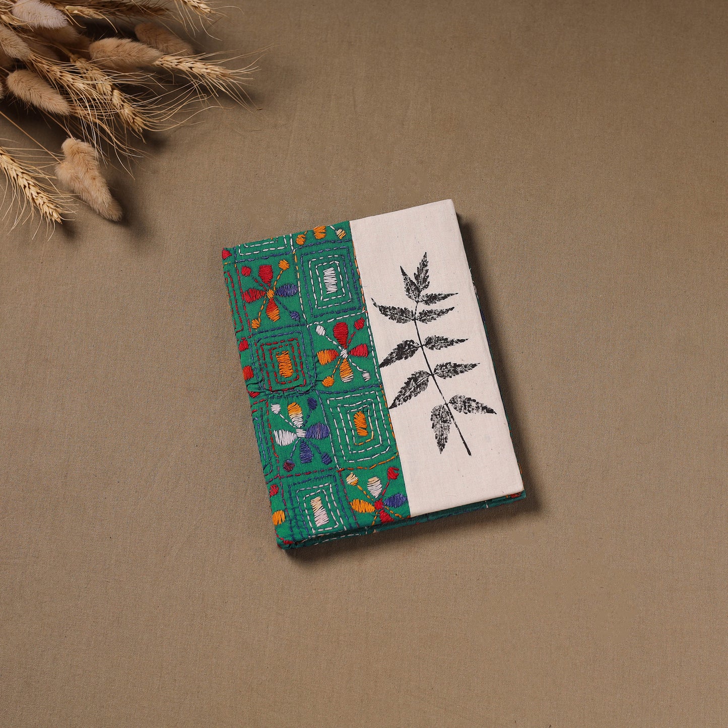 Green - Handmade Paper Notebook with Eco Leaf Print Kantha Work 17