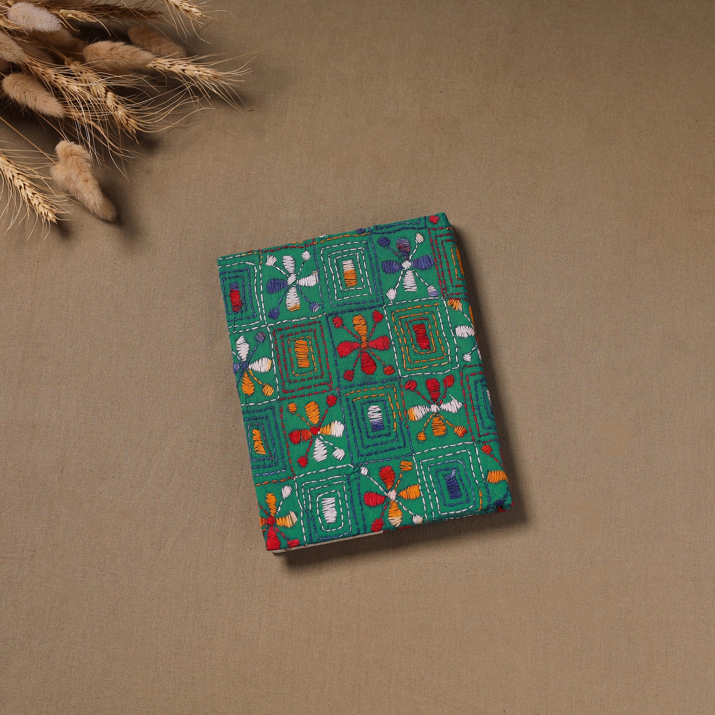 Green - Handmade Paper Notebook with Eco Leaf Print Kantha Work 17