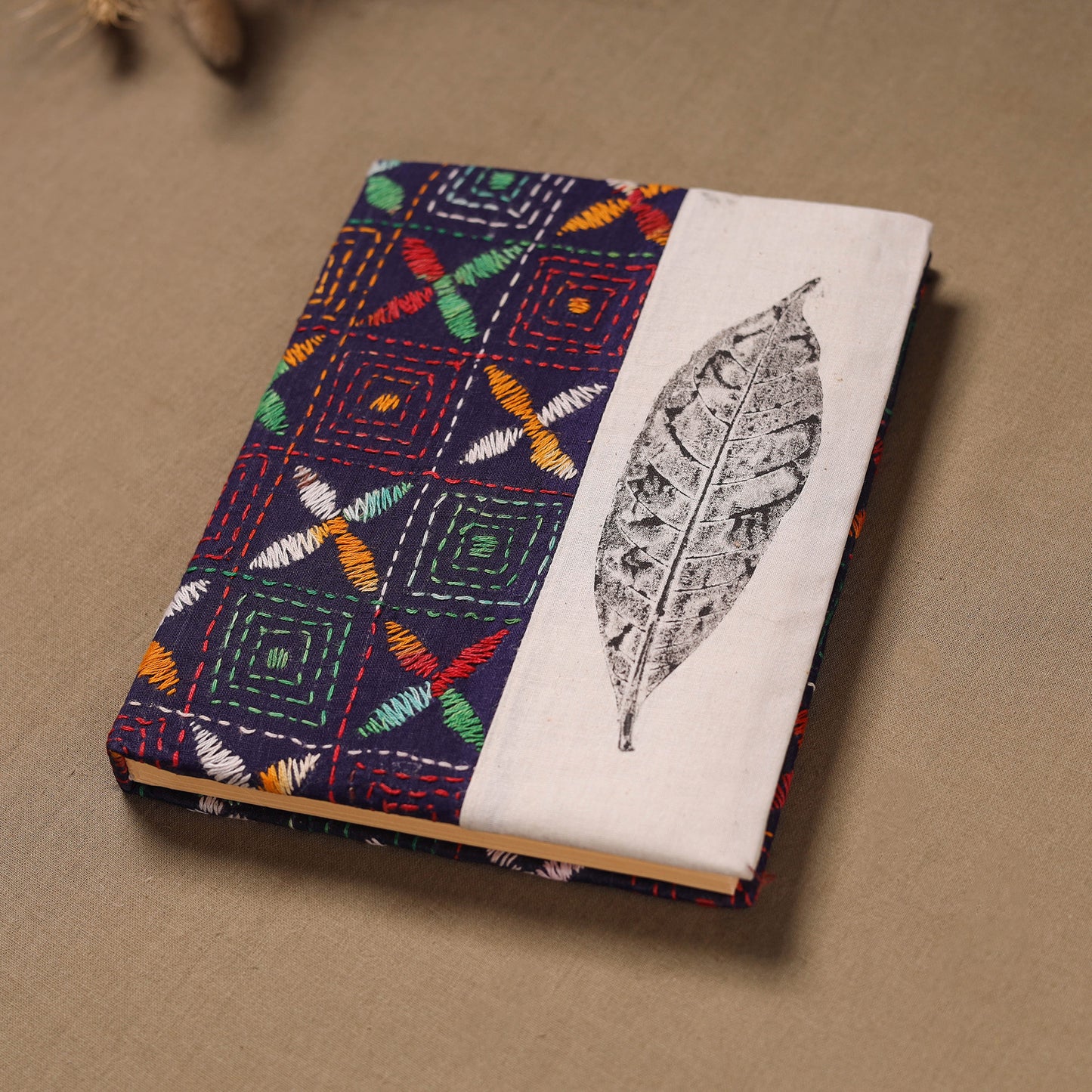 Multi colour - Handmade Paper Notebook with Eco Leaf Print Kantha Work 20