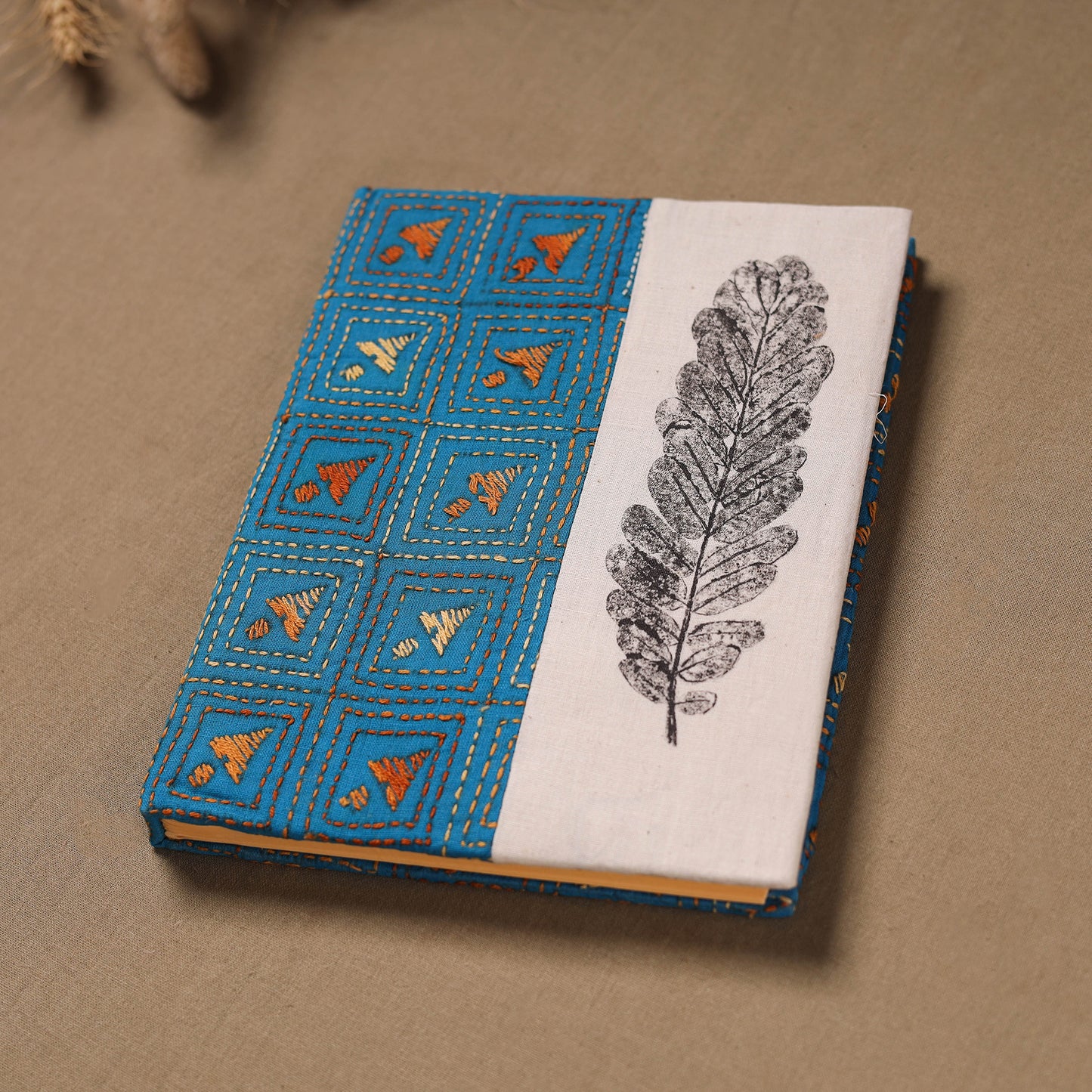 Blue - Handmade Paper Notebook with Eco Leaf Print Kantha Work 21