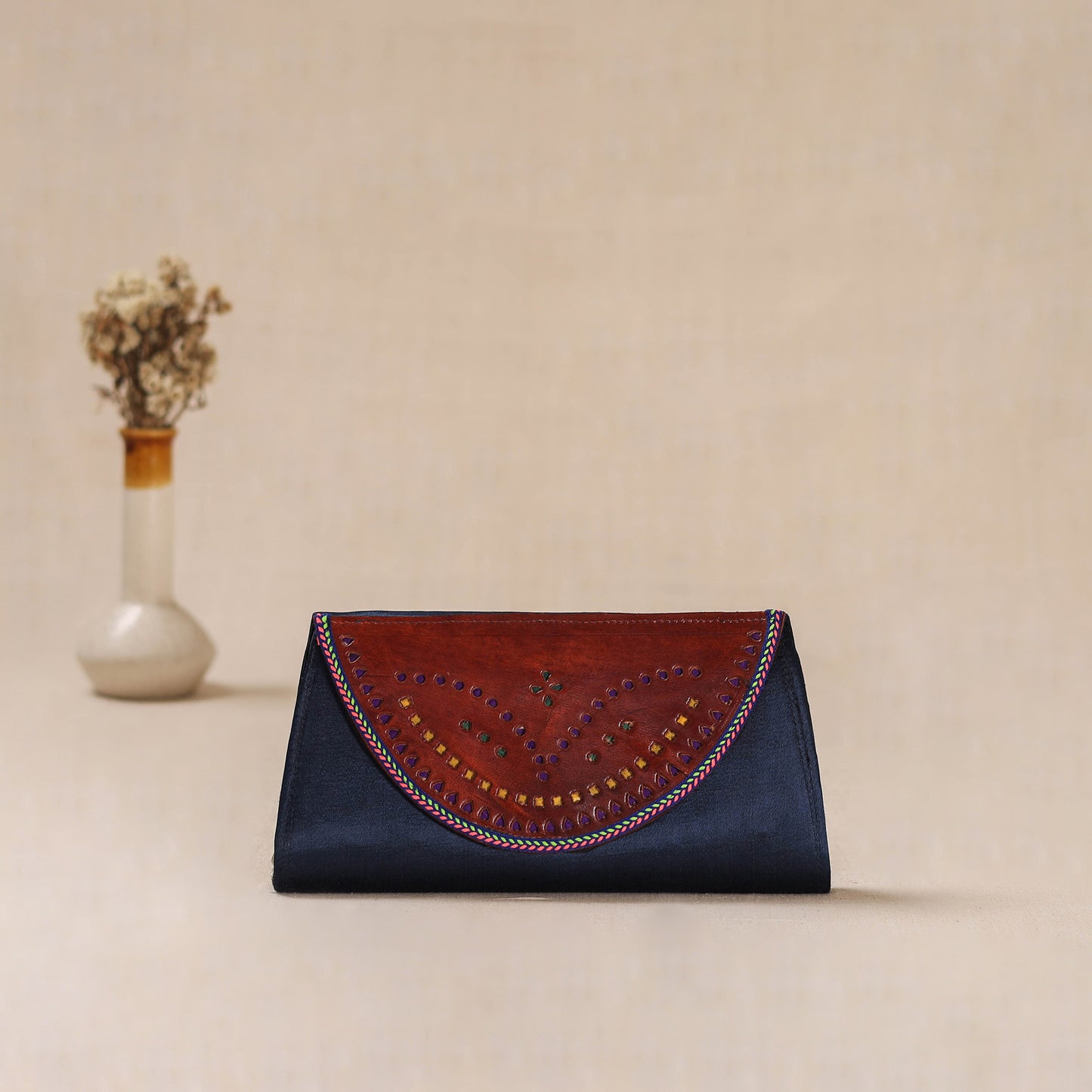Traditional Kutch Mashru Silk Leather Flap Clutch / Wallet 01