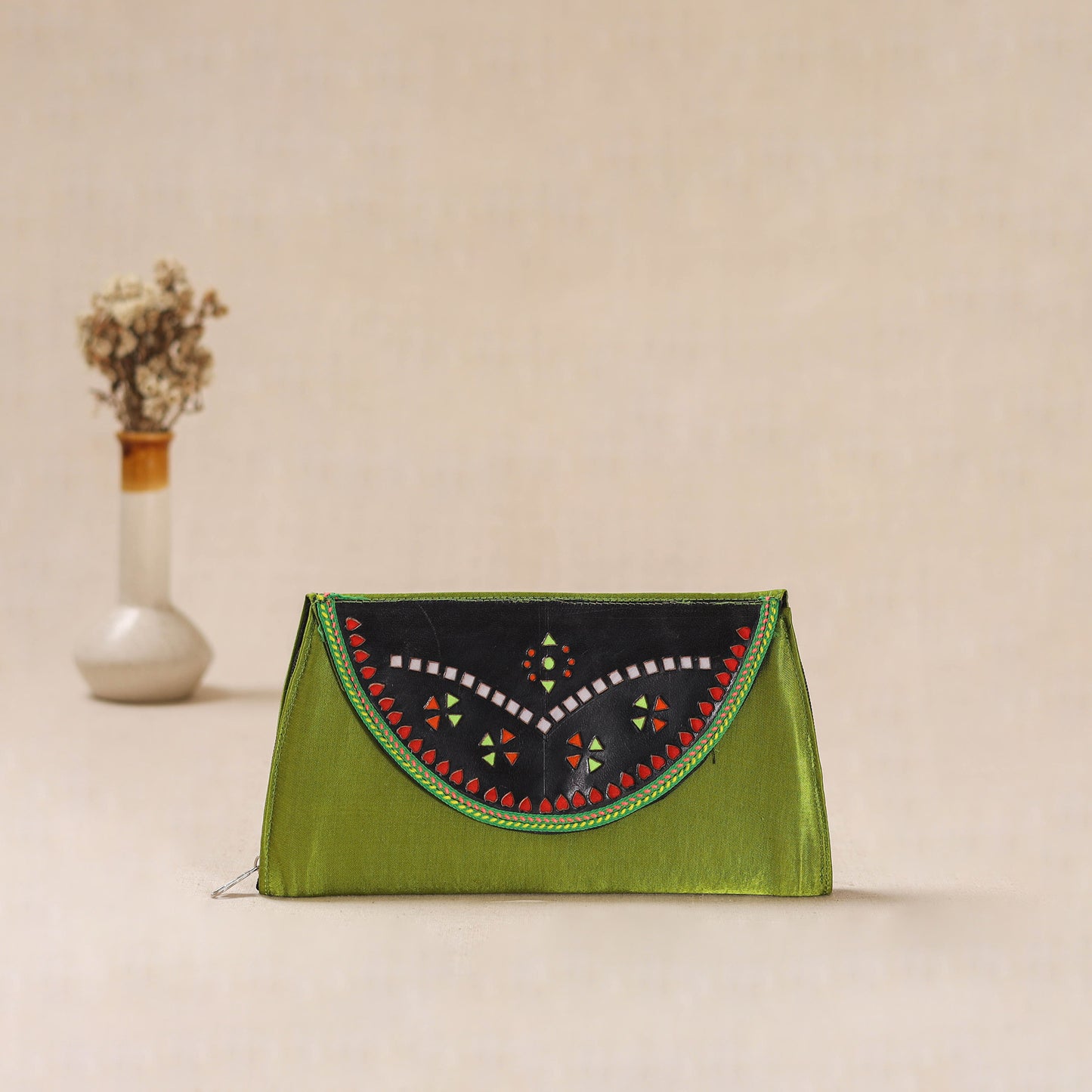 Traditional Kutch Mashru Silk Leather Flap Clutch / Wallet 03