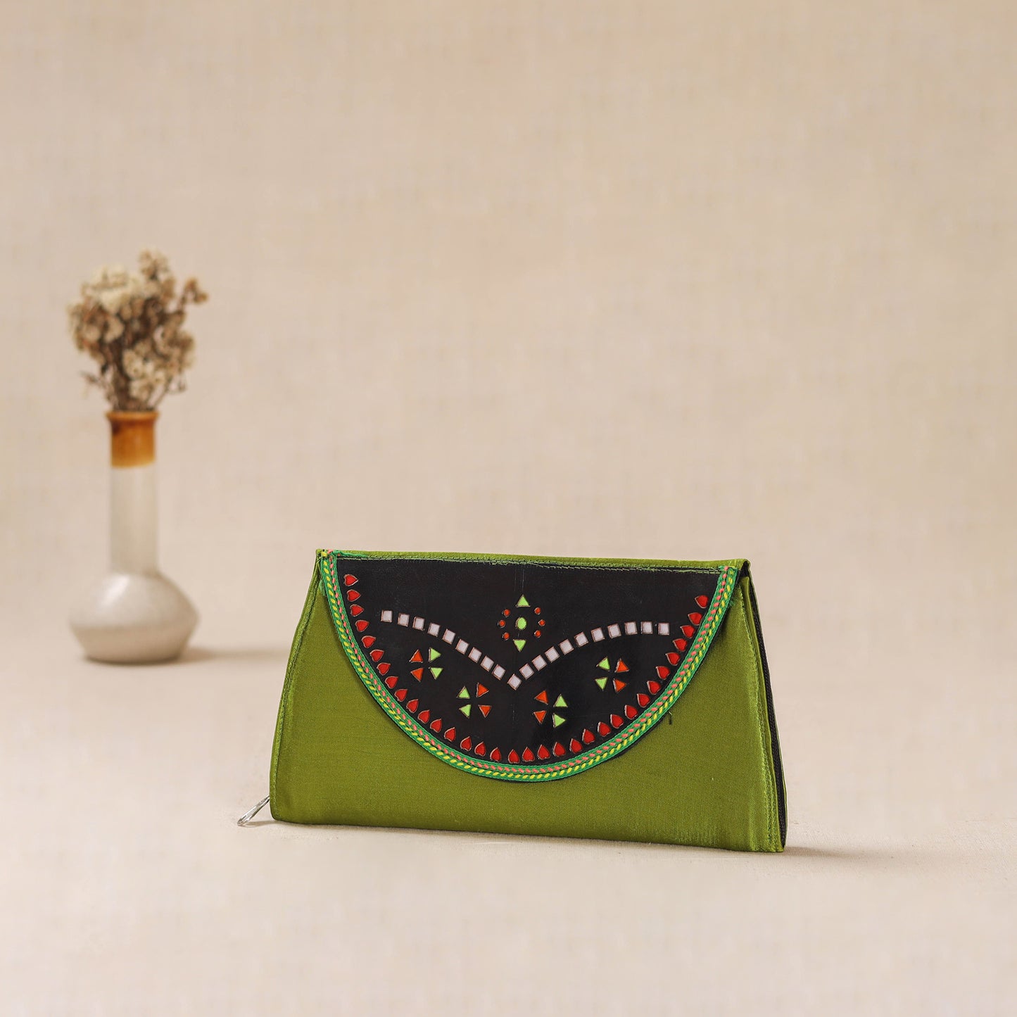 Traditional Kutch Mashru Silk Leather Flap Clutch / Wallet 03