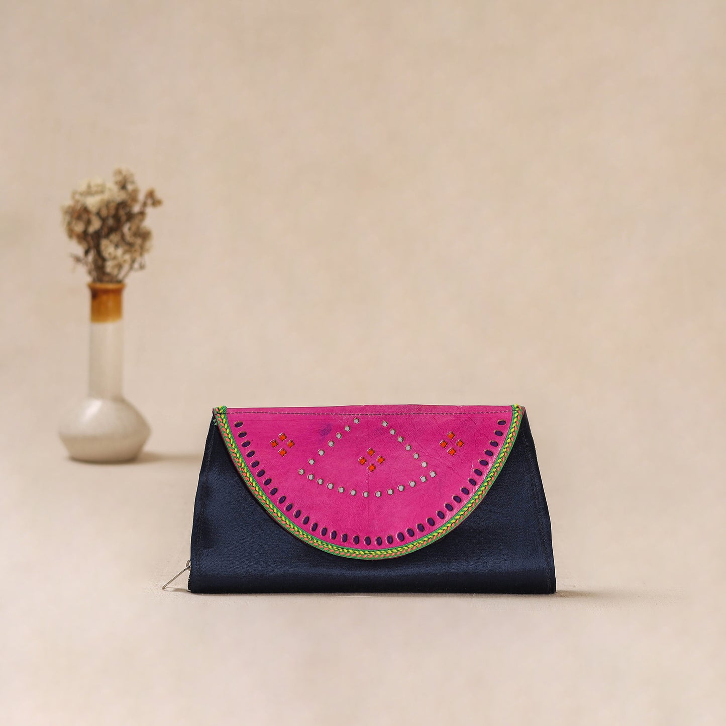 Traditional Kutch Mashru Silk Leather Flap Clutch / Wallet 04