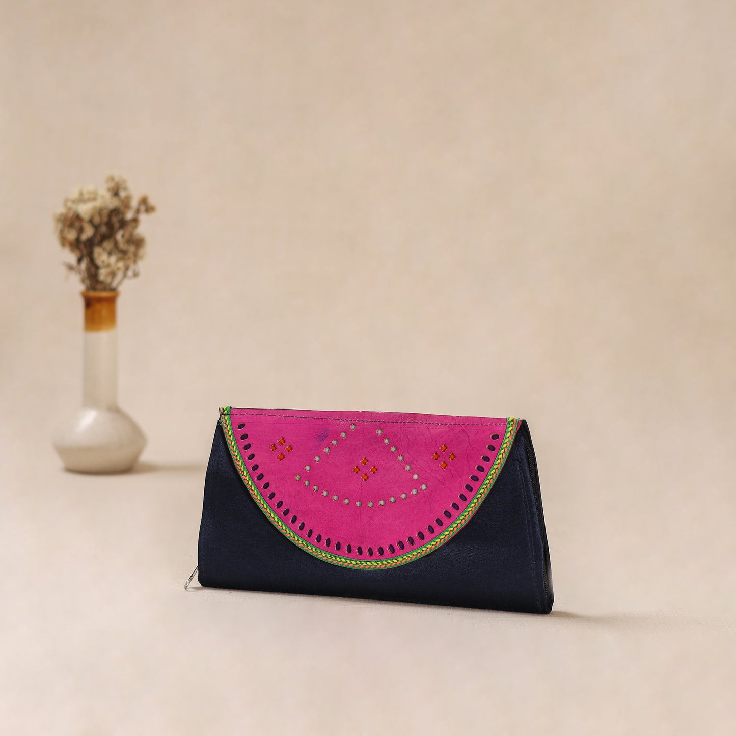 Traditional Kutch Mashru Silk Leather Flap Clutch / Wallet 04