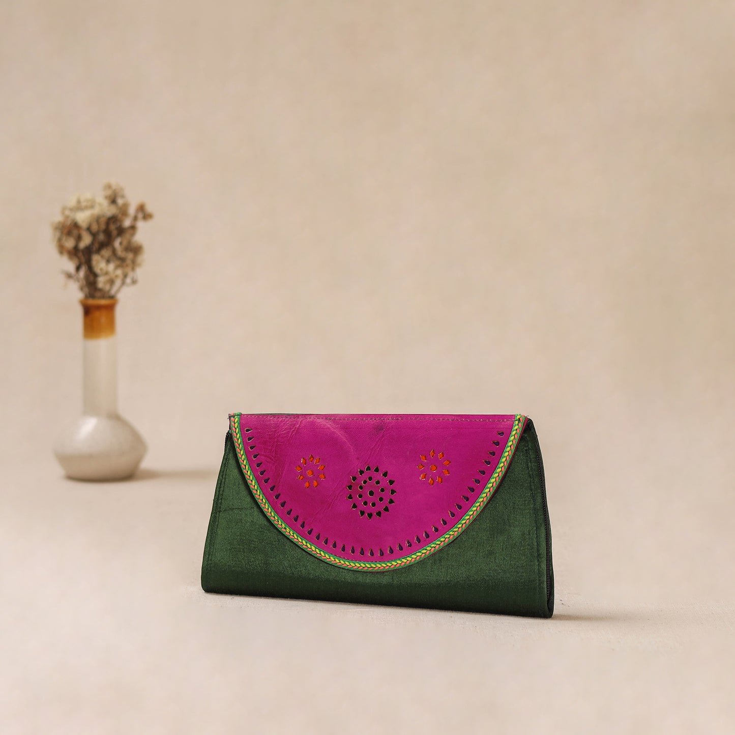 Traditional Kutch Mashru Silk Leather Flap Clutch / Wallet 06
