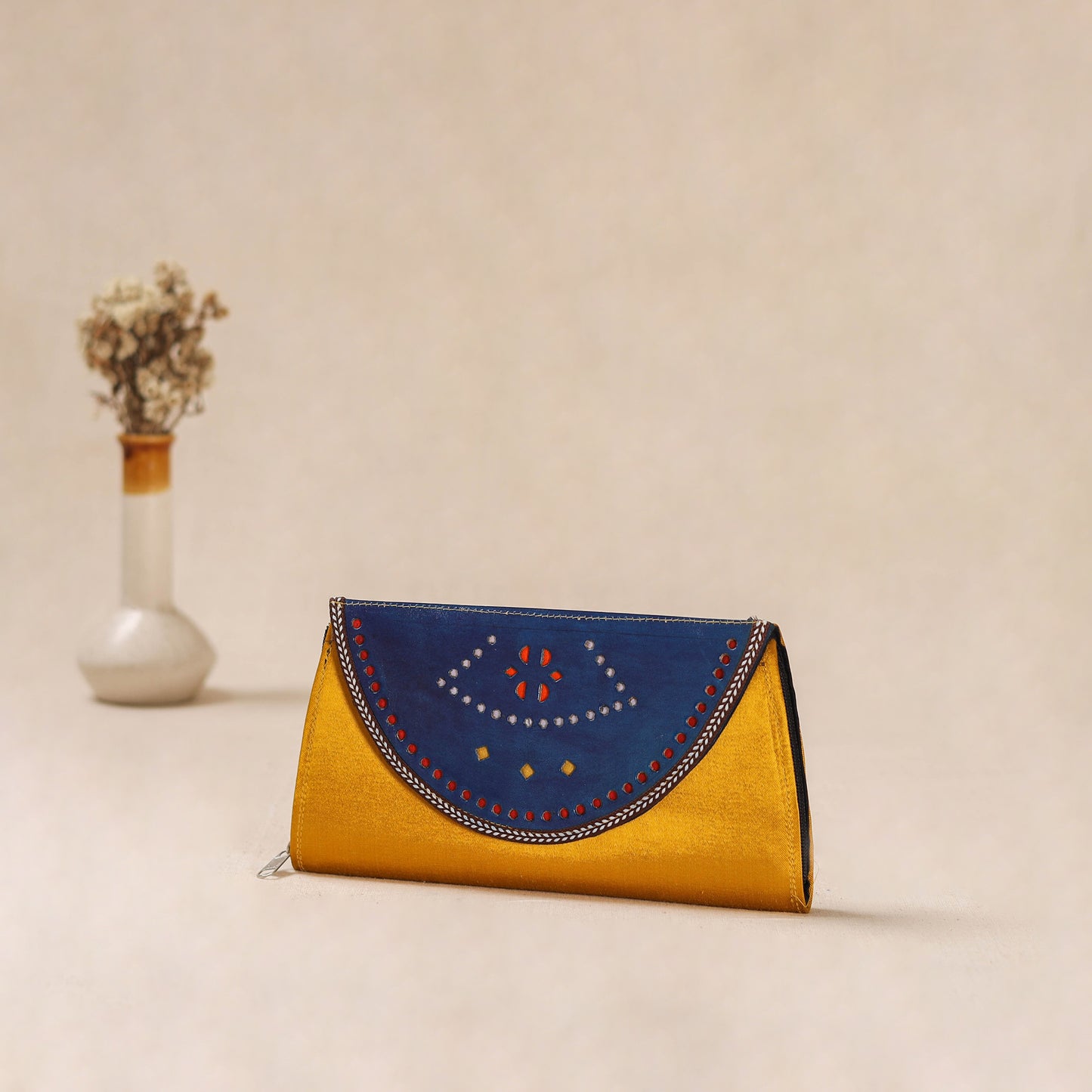 Yellow - Traditional Kutch Mashru Silk Leather Flap Clutch / Wallet 09