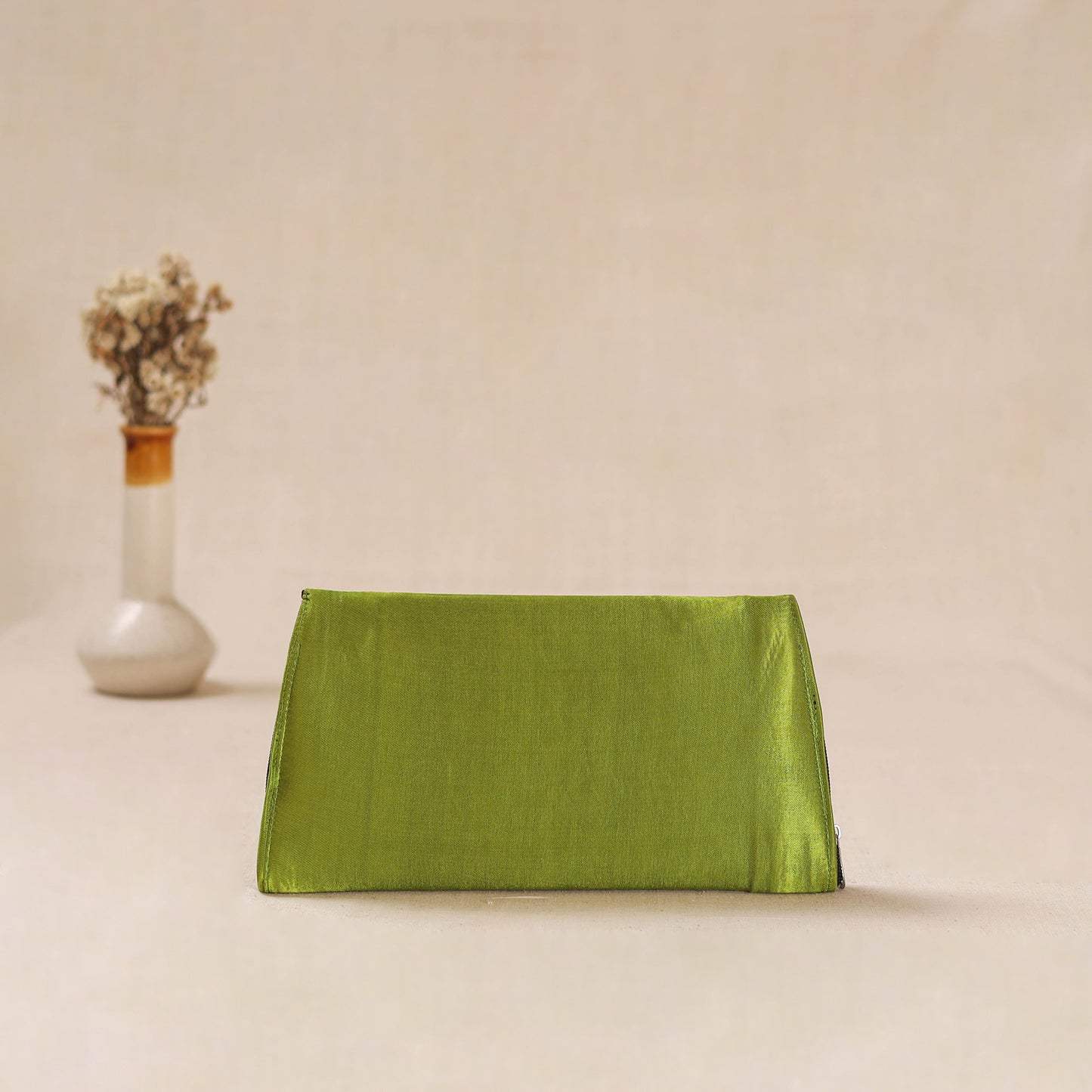 Green - Traditional Kutch Mashru Silk Leather Flap Clutch / Wallet 11