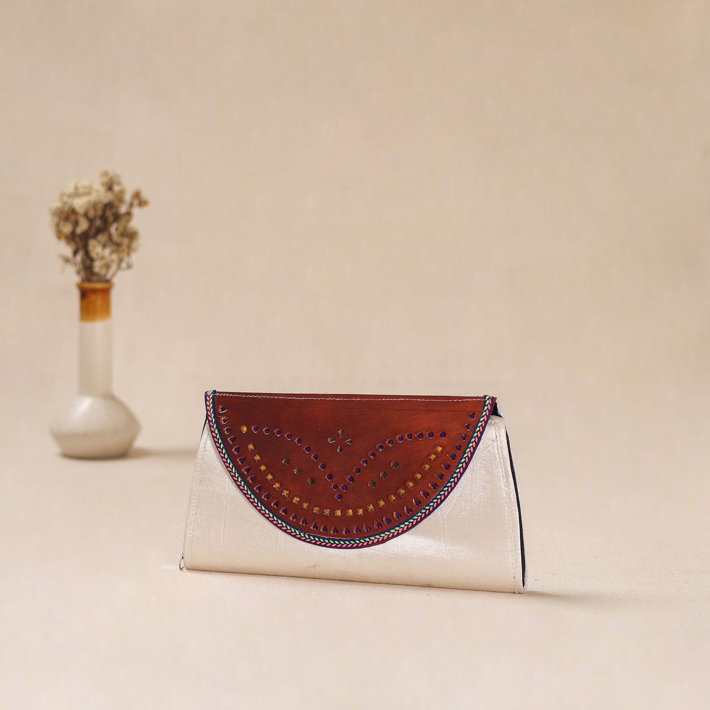White - Traditional Kutch Mashru Silk Leather Flap Clutch / Wallet 17
